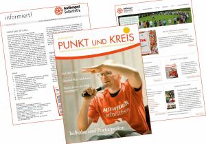 Collage aud den Titelseiten der Zeiotschrift PUNKT UND KREIS und des Info- und Serviceblattes "informiert!" sowie der Startseite unserer Website