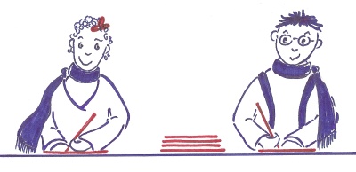 Zeichnung von Bettina Gerber: eine junge Frau und ein junger Mann sitzen am Tisch und schreiben