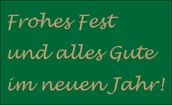 Grafik mit grünem Hintergrund und goldener Schrift "Frohes Fest und alles Gute im neuen Jahr!"