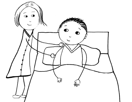 Strichzeichnung: Mensch liegt im Bett, daneben steht eine Frau und hat ihre Hände auf seinen schultern liegen. Grafik von Ingeborg Woitsch