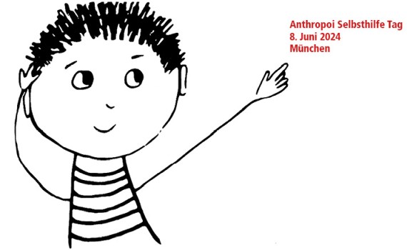 Grafik: Strichfigur zeigt auf Text "Anthropoi Selbsthilfe Tag 2024, 8. Juni 2024, München